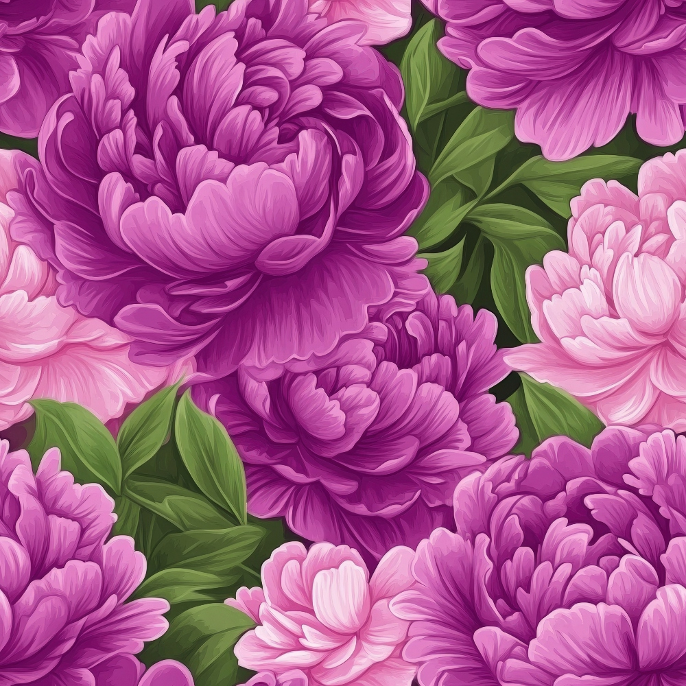 Pattern of lush purple and pink peonies with green leaves, creating a vibrant floral design.