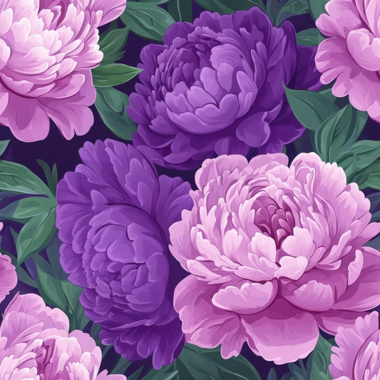 Seamless pattern of pink and purple peony flowers with green leaves on a dark background.