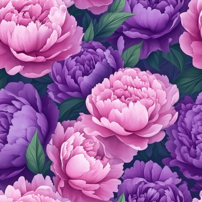 A pattern of pink and purple peonies with green leaves, intricately arranged against a dark background.