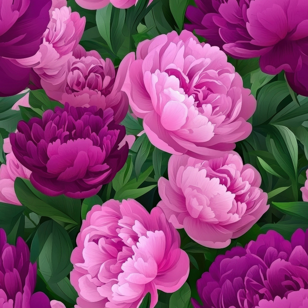 Illustration of pink and purple peonies with green leaves, filling the entire frame.