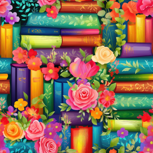 Colorful books stacked with vibrant flowers and leaves interwoven throughout the image.