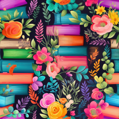 Colorful books stacked horizontally with vibrant flowers and leaves intertwined on a dark background.