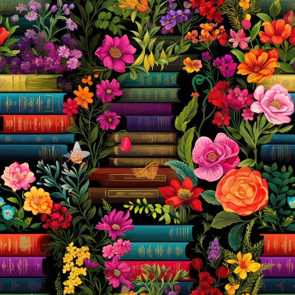 A colorful pattern of stacked books intertwined with vibrant, blooming flowers against a dark background.