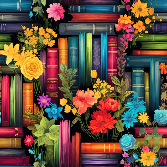 Colorful books and vibrant flowers are interwoven against a dark background, creating a lively and intricate pattern.