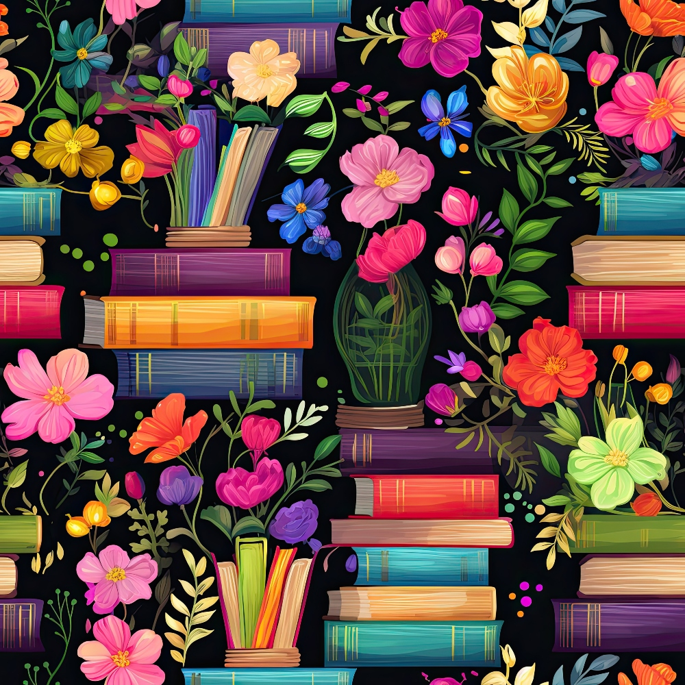 Colorful books and vibrant flowers are arranged against a black background, creating a lively pattern with books stacked and flowers in vases.