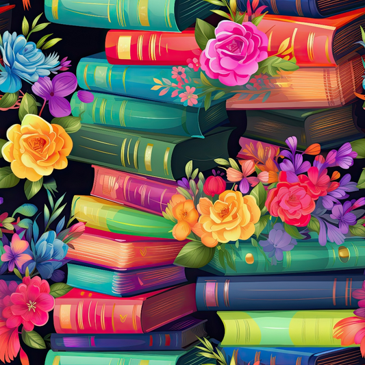 Stacks of colorful books adorned with vibrant flowers on a dark background.