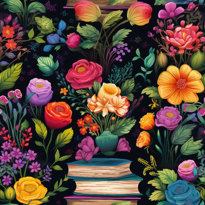 Colorful flowers and green leaves arranged over two stacked books on a dark background, creating a vibrant floral tapestry.