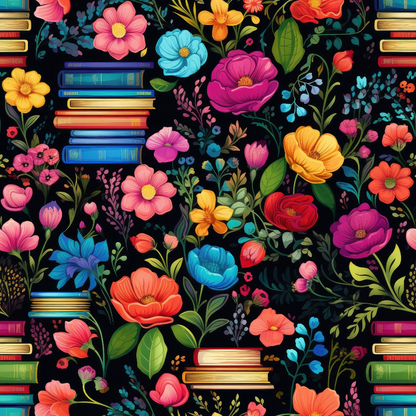 Colorful floral pattern featuring books and a variety of vibrant flowers against a dark background.