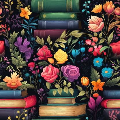 Colorful flowers intertwined with stacked books on a dark background, creating a vibrant, artistic pattern.