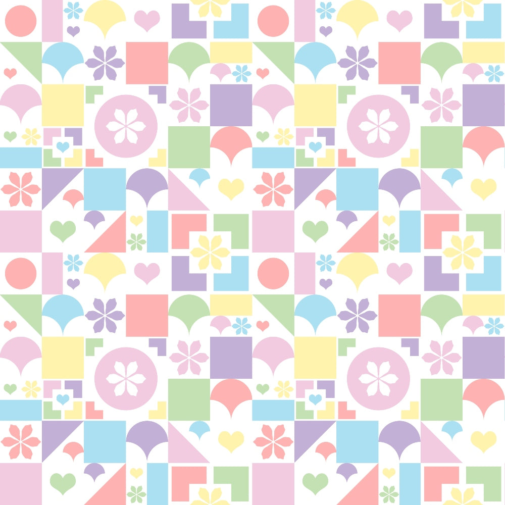 Colorful geometric pattern with squares, circles, hearts, and flowers in pastel shades of blue, pink, yellow, and green.