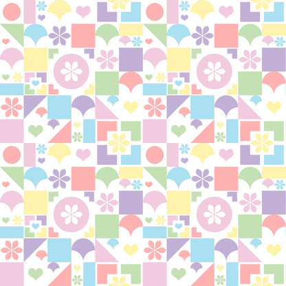 Colorful geometric pattern with squares, circles, hearts, and flowers in pastel shades of blue, pink, yellow, and green.