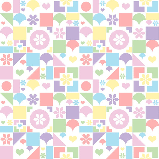 Colorful geometric pattern with squares, circles, hearts, and flowers in pastel shades of blue, pink, yellow, and green.