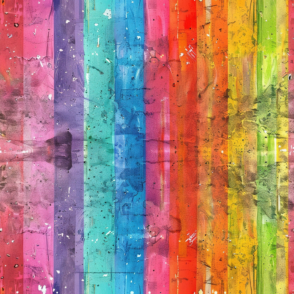 Vertical stripes in bright colors including pink, purple, blue, green, yellow, and orange. The stripes have a painted texture with scattered splatters, drips, and marks across the surface.