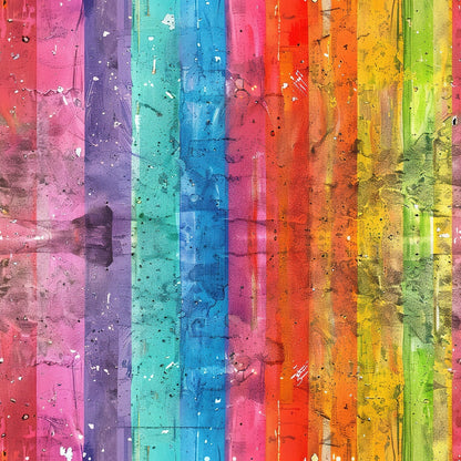 Vertical stripes in bright colors including pink, purple, blue, green, yellow, and orange. The stripes have a painted texture with scattered splatters, drips, and marks across the surface.