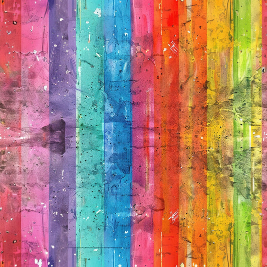 Vertical stripes in bright colors including pink, purple, blue, green, yellow, and orange. The stripes have a painted texture with scattered splatters, drips, and marks across the surface.