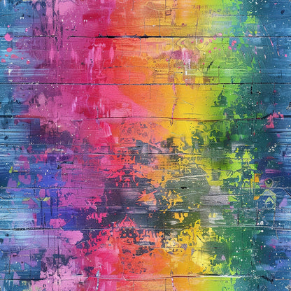 Colorful abstract painting with a textured surface, displaying blended shades of pink, orange, yellow, green, blue, and purple. Paint appears smeared and splattered across a wooden plank background.