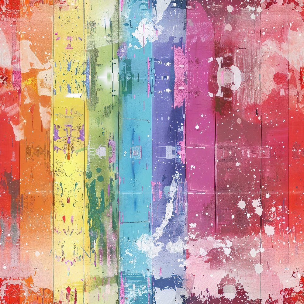 Abstract painting featuring vertical stripes in rainbow colors, with textured brushstrokes and splattered white paint, creating a weathered, layered appearance across the surface.