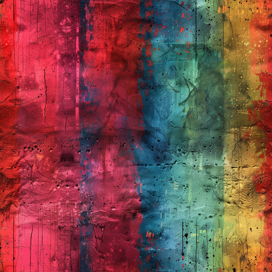 Abstract image of a textured wall painted in vertical stripes of red, blue, green, and yellow, with visible cracks, drips, and splatters throughout the surface.