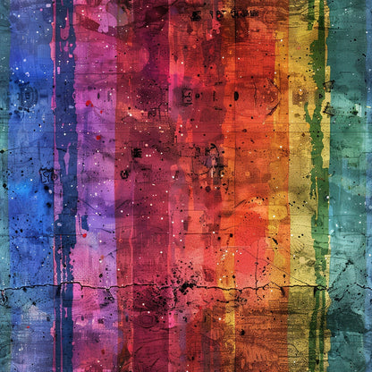 Abstract image featuring vertical stripes in rainbow colors with paint splatters, drips, and a horizontal crack near the bottom. The background texture resembles weathered or distressed material.