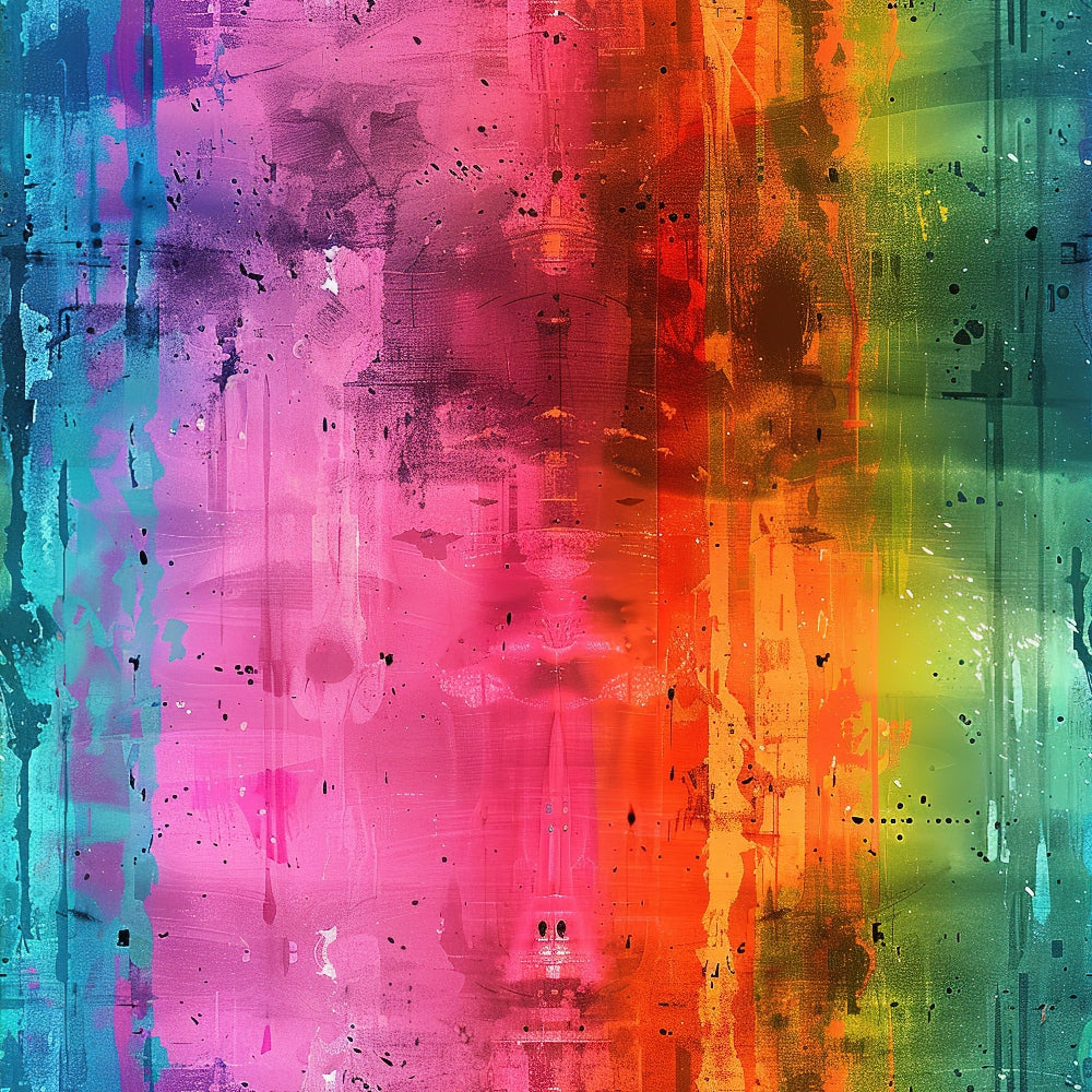Abstract painting with vertical streaks in blue, purple, pink, red, orange, yellow, and green tones. The image features splatters and textures, blending the colors smoothly across the canvas.