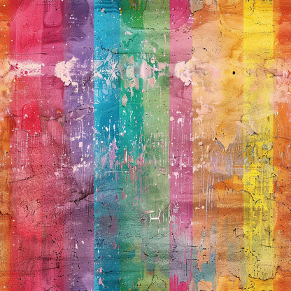 Vertical stripes in rainbow colors are painted on a rough, textured wall. Some paint appears dripped or splattered, and the surface has visible cracks and peeling areas throughout.