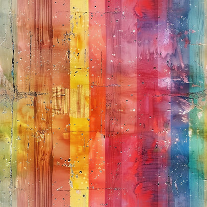 Abstract painting featuring vertical stripes in shades of orange, yellow, red, pink, blue, and green, with textured brushstrokes and scattered small white paint splatters throughout.