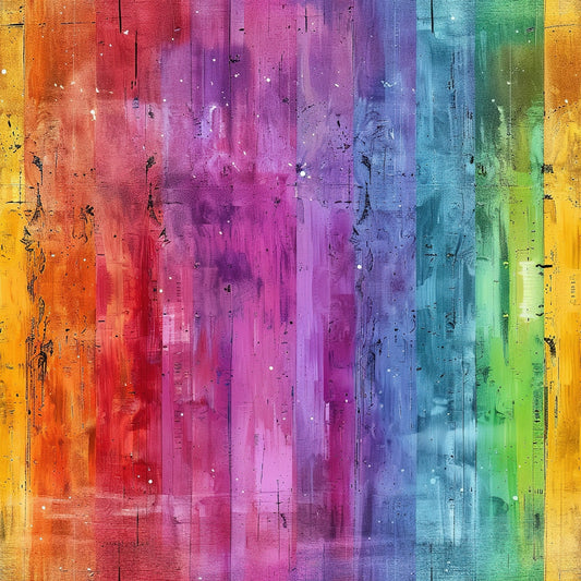 Abstract painting with vertical stripes in rainbow colors, including yellow, orange, red, pink, purple, blue, and green, with textured brushstrokes, scattered speckles, and black marks throughout.