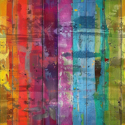 rainbow colors, grunge texture, distressed wood, weathered planks, vertical stripes, orange, red, purple, magenta, blue, turquoise, green, yellow, paint splatter, worn surface, rustic boards, aged wood, quilting cotton, fabric panel, vintage finish, peeling paint