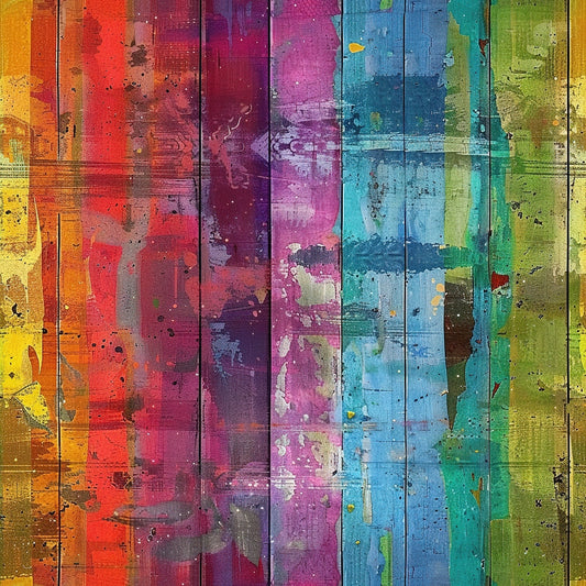 Abstract painting of vertical wooden planks with a textured surface, each plank painted in a different bright color, including red, yellow, purple, blue, and green, with splatters and streaks throughout.