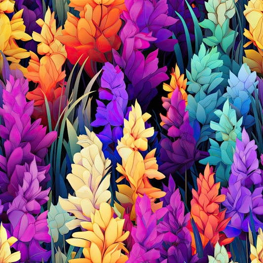 Colorful, overlapping abstract flowers in orange, purple, yellow, blue, and green shades, with dark background.