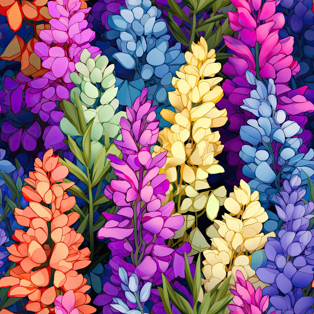 Colorful abstract illustration of tall, clustered flowers in shades of purple, blue, yellow, and orange with green leaves against a dark background.