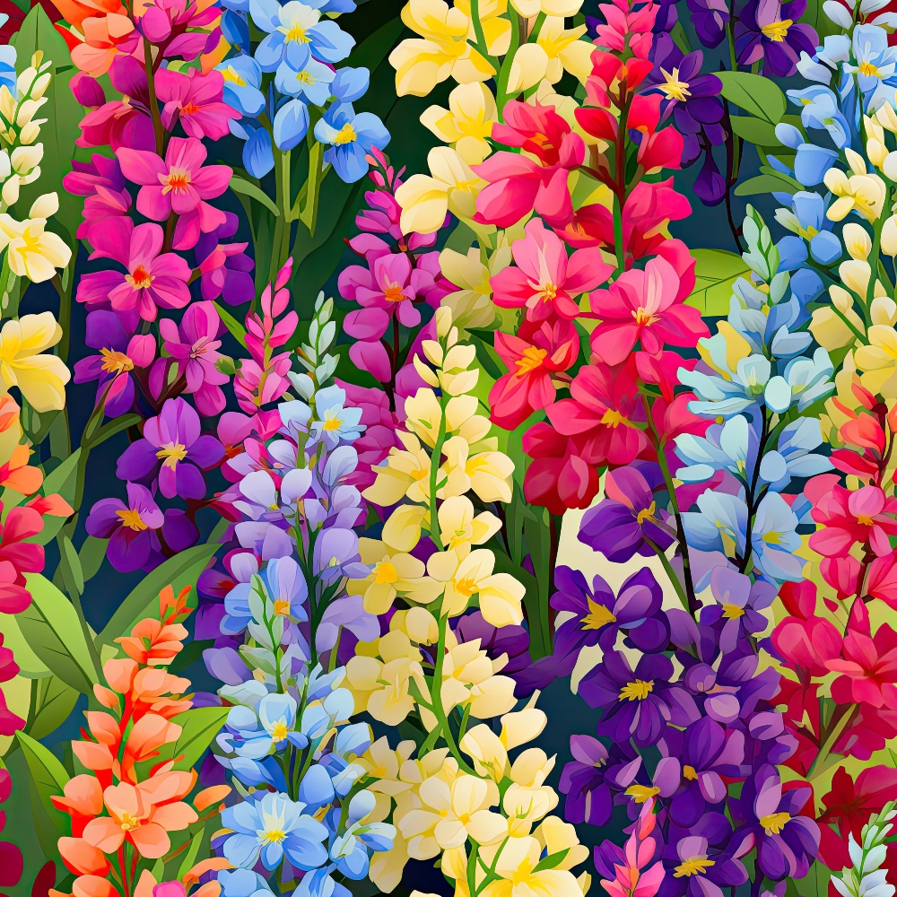 Colorful illustration of various flowers including lupines and delphiniums in red, yellow, purple, and blue hues, with green leaves in the background.