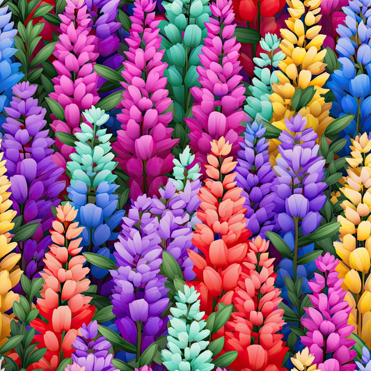 Illustration of vibrant lupines in diverse colors including pink, purple, blue, yellow, and red, with green leaves.