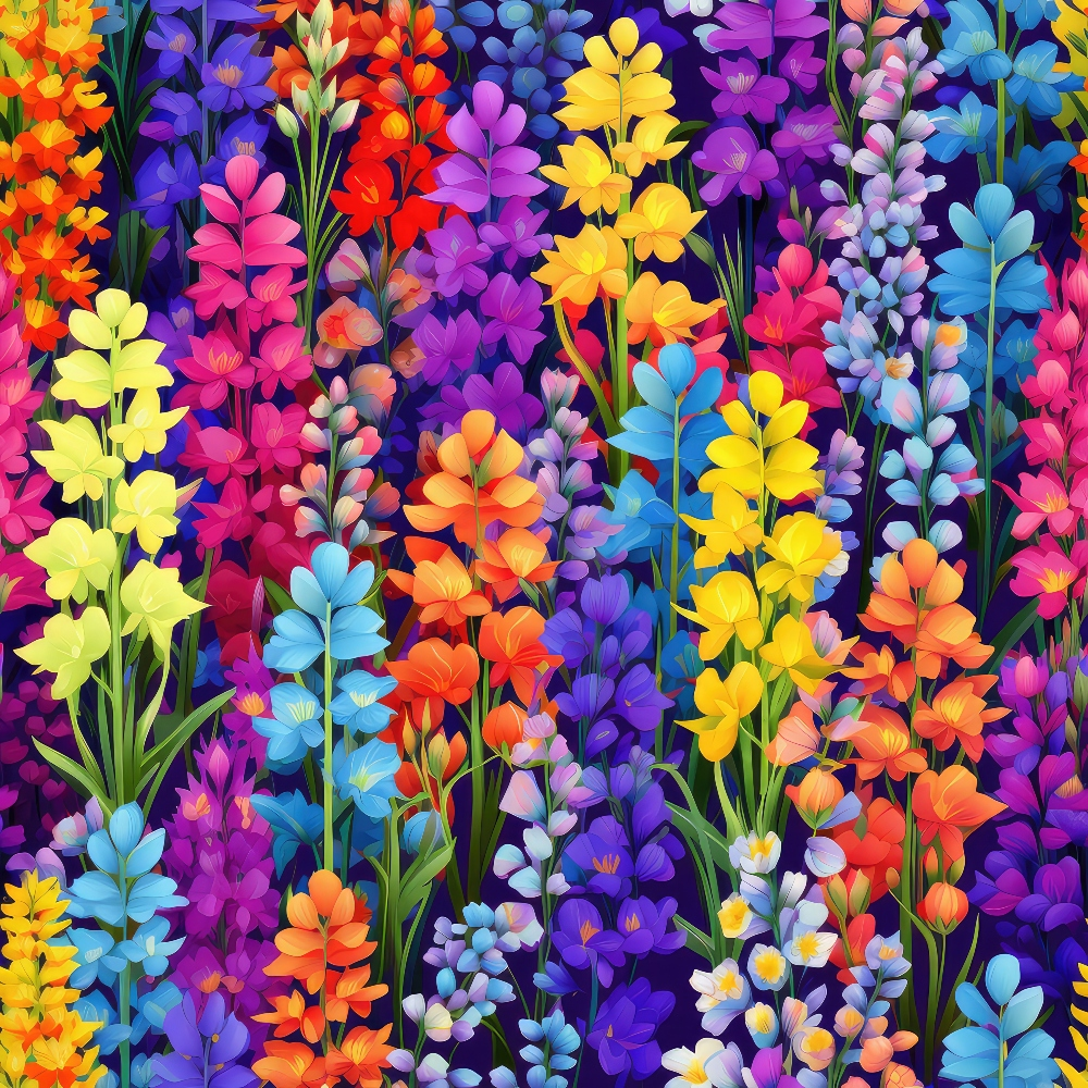 A vibrant pattern of various colorful flowers with hues of yellow, blue, purple, red, and orange, set against a dark background.