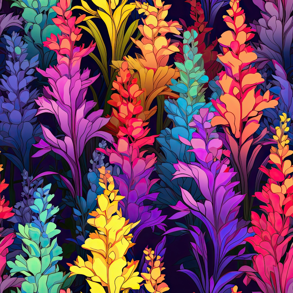 Colorful illustrated foliage with vibrant hues of purple, yellow, red, blue, and orange against a dark background.