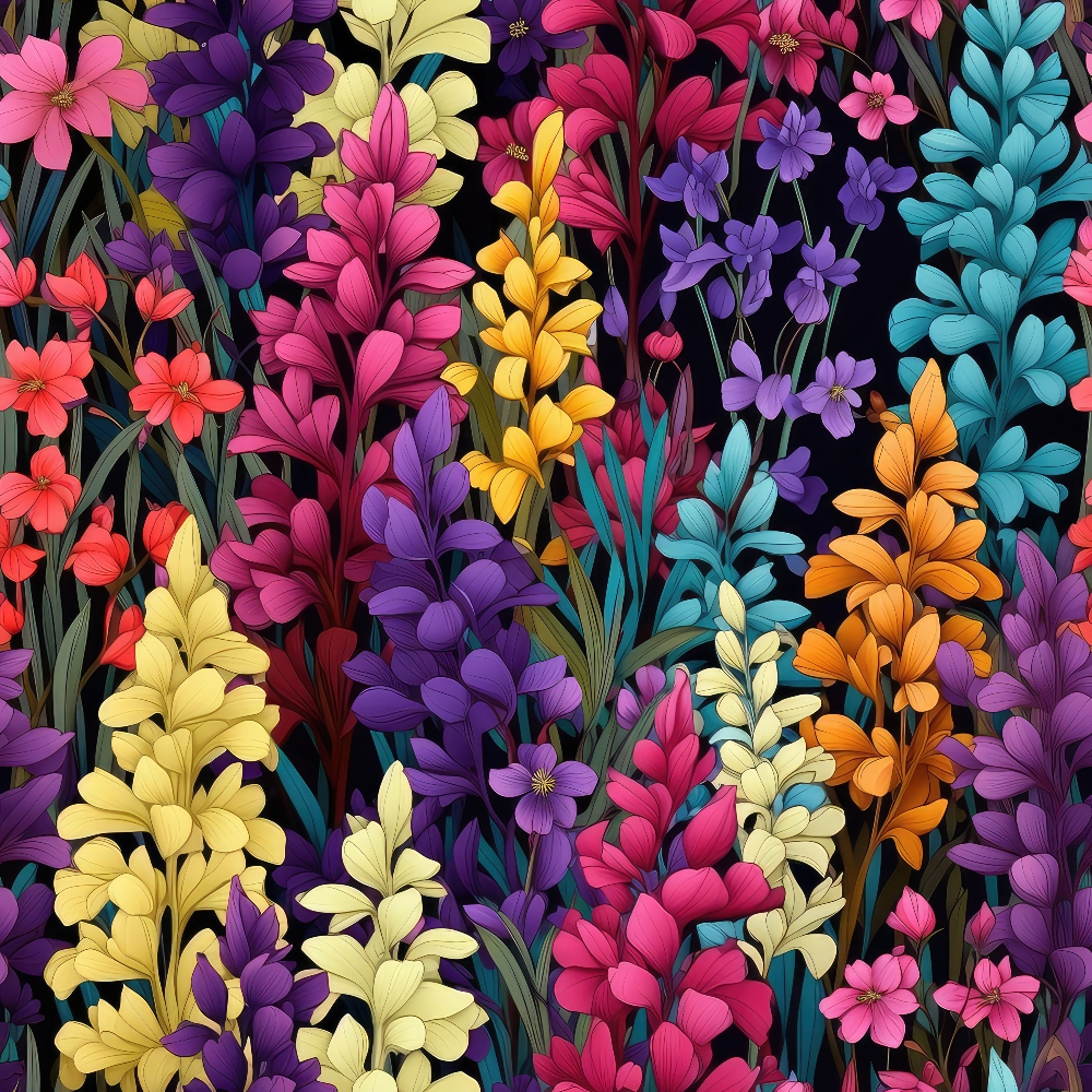 Colorful flowers and leaves in shades of red, purple, yellow, and blue intertwine on a dark background, forming a dense, vibrant pattern.