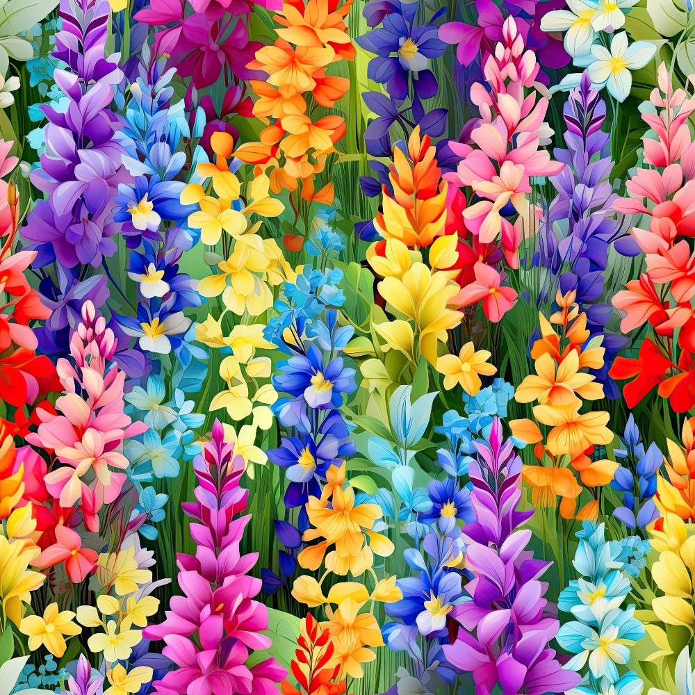 Colorful assortment of flowers in various shades, including purple, yellow, red, blue, and orange, densely packed together with green foliage.