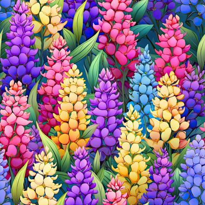 Colorful, dense pattern of cartoon lupine flowers in shades of purple, pink, blue, yellow, and orange surrounded by green leaves.