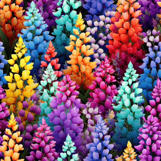 Colorful lupine flowers in full bloom, featuring vibrant shades of red, blue, purple, orange, and yellow, densely packed in a lush garden setting.