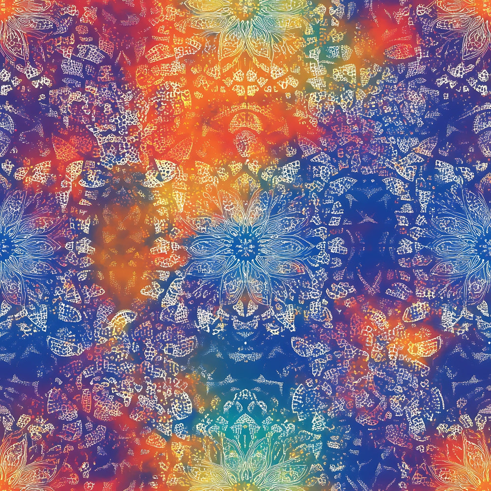 rainbow colors, mandala pattern, tie dye effect, bohemian style, spiritual motifs, kaleidoscope design, vibrant hues, orange, blue, purple, yellow, intricate linework, symmetrical pattern, meditation inspired, psychedelic art, quilting cotton, fabric panel, cosmic energy, flower mandalas, radial design, colorful gradient