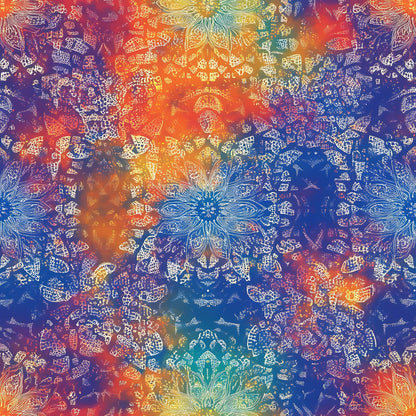 rainbow colors, mandala pattern, tie dye effect, bohemian style, spiritual motifs, kaleidoscope design, vibrant hues, orange, blue, purple, yellow, intricate linework, symmetrical pattern, meditation inspired, psychedelic art, quilting cotton, fabric panel, cosmic energy, flower mandalas, radial design, colorful gradient