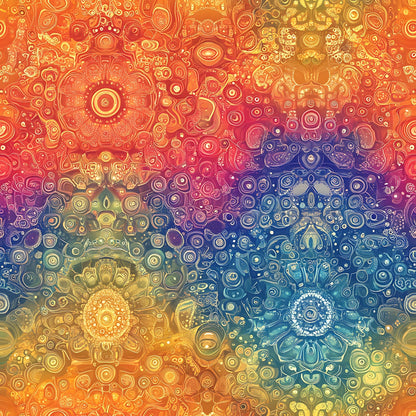 orange, red, blue, yellow, purple, mandala, rainbow gradient, circular patterns, geometric designs, bohemian, psychedelic, swirls, dots, ornate details, quilting cotton, fabric panel, vibrant colors, kaleidoscope, medallion motifs, artistic