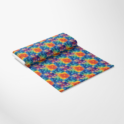 Roll of colorful fabric featuring a geometric pattern with overlapping circles and squares in vibrant red, blue, yellow, green, and orange on a white background.