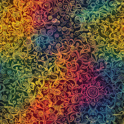 rainbow gradient, mandala design, swirling patterns, intricate scrollwork, yellow, orange, red, purple, blue, green, ornate flourishes, circular motifs, decorative swirls, quilting cotton, fabric panel, bohemian style, psychedelic art, flowing curves, zentangle patterns, vibrant colors