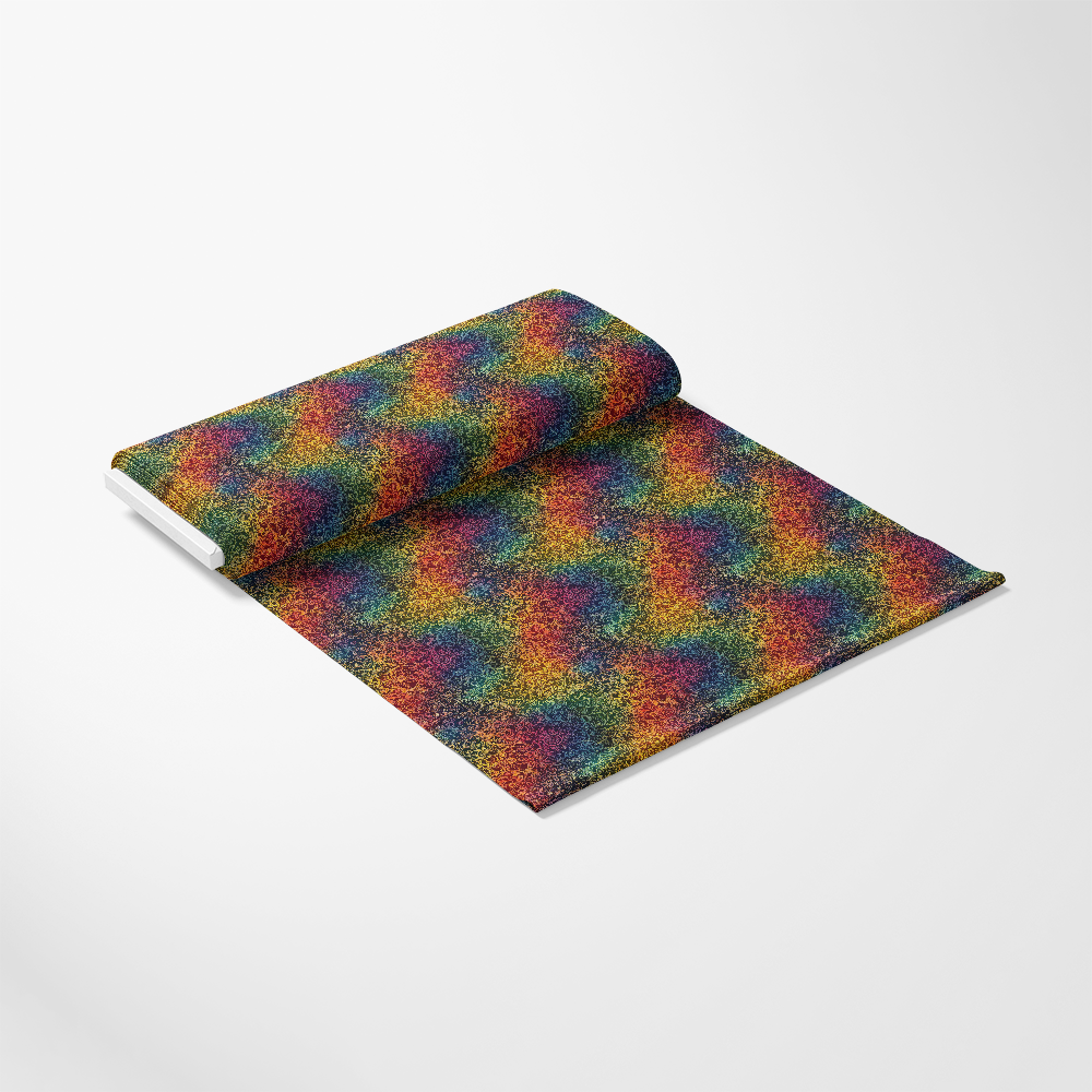 A roll of colorful patterned wallpaper partially unrolled on a white background.