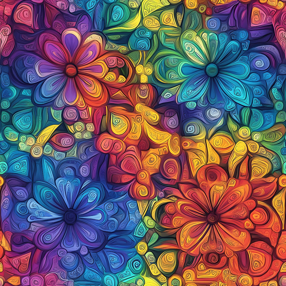 Colorful abstract floral pattern with swirling motifs in shades of red, blue, orange, green, and yellow.