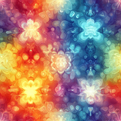 rainbow colors, mandala pattern, kaleidoscope design, geometric flowers, red orange yellow, blue purple teal, symmetrical design, psychedelic art, bohemian style, spiritual motifs, quilting cotton, fabric panel, vibrant hues, flowing patterns, abstract florals, meditation inspired, circular motifs, tie-dye effect, fractal patterns