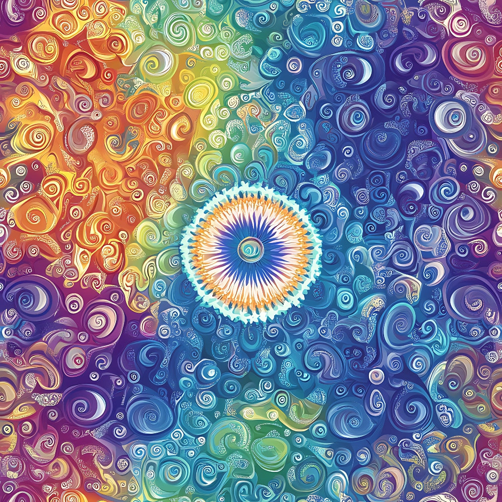 rainbow mandala, circular pattern, swirls, spirals, orange, yellow, green, blue, purple, magenta, gradient colors, psychedelic art, bohemian style, meditation design, chakra colors, quilting cotton, fabric panel, geometric mandala, colorful swirls, zen pattern, spiritual design