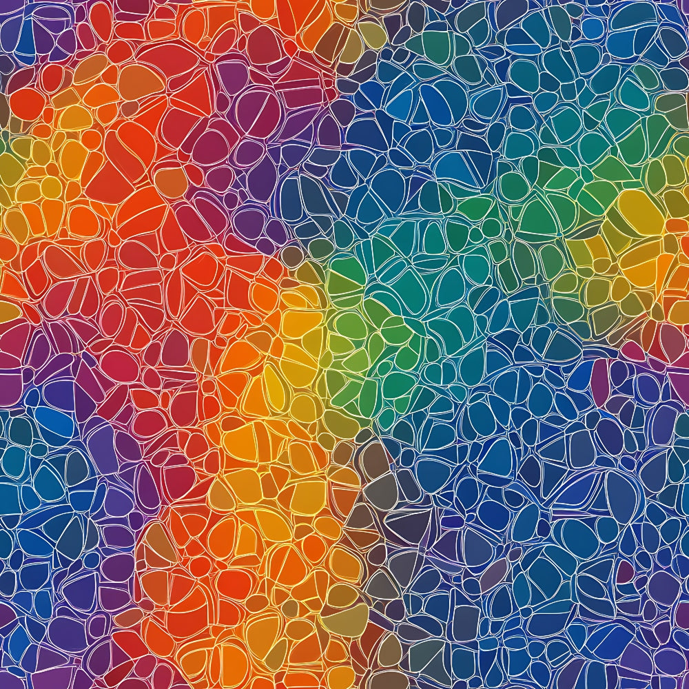 rainbow colors, mandala pattern, stained glass effect, mosaic design, vibrant hues, geometric shapes, circular motifs, red, orange, yellow, green, blue, purple, quilting cotton, fabric panel, kaleidoscope pattern, abstract art, colorful tessellation, organic shapes, artistic design