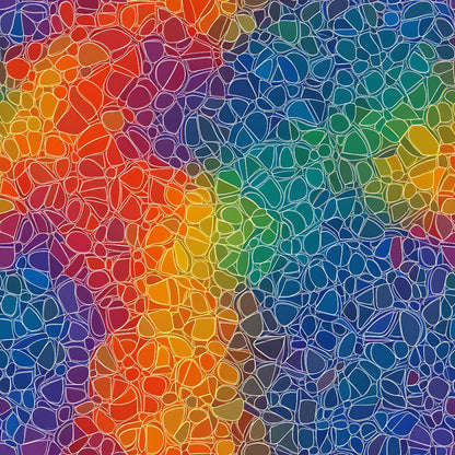 rainbow colors, mandala pattern, stained glass effect, mosaic design, vibrant hues, geometric shapes, circular motifs, red, orange, yellow, green, blue, purple, quilting cotton, fabric panel, kaleidoscope pattern, abstract art, colorful tessellation, organic shapes, artistic design